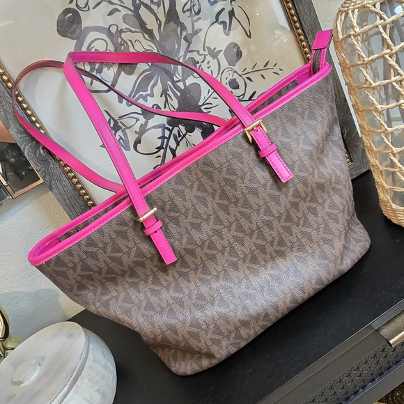 Michael Kors Jet Set Medium Logo Tote Bag Pink and Brown Leather Handbag Purse - Picture 1 of 9